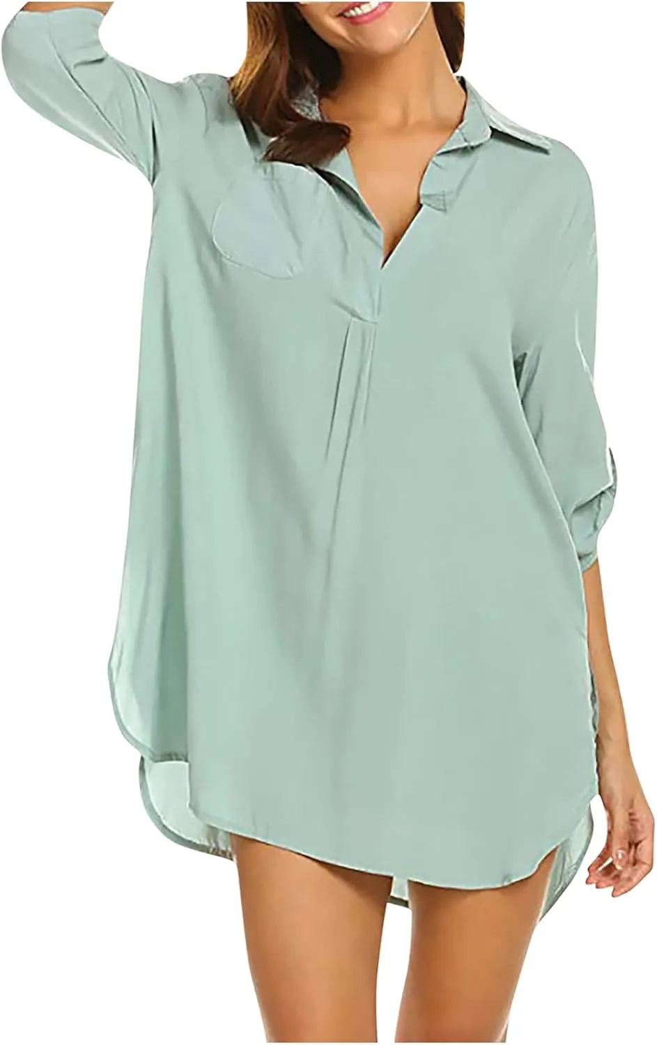 Shirt Dresses for Women 2025 Vacation Roll-up 3/4 Sleeve V Neck Mini Dress Summer Side Split Hem Casual Tunic Dress