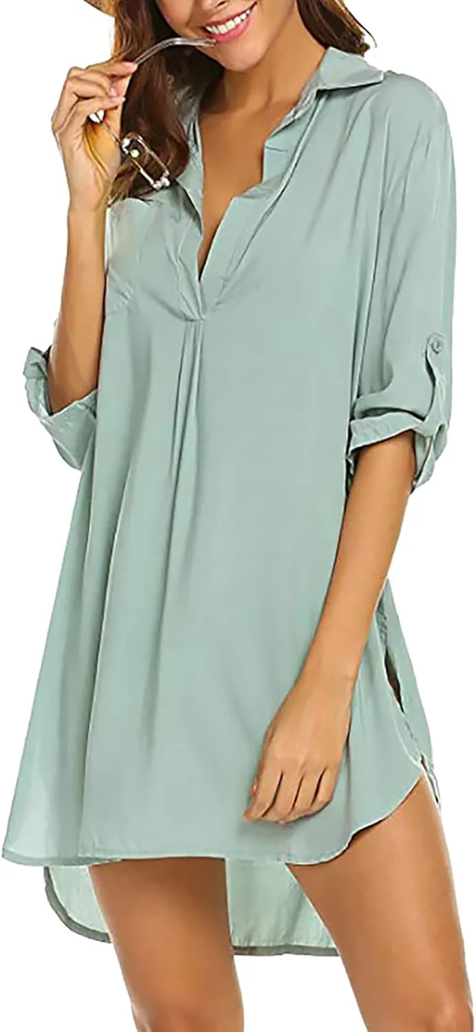 Shirt Dresses for Women 2025 Vacation Roll-up 3/4 Sleeve V Neck Mini Dress Summer Side Split Hem Casual Tunic Dress