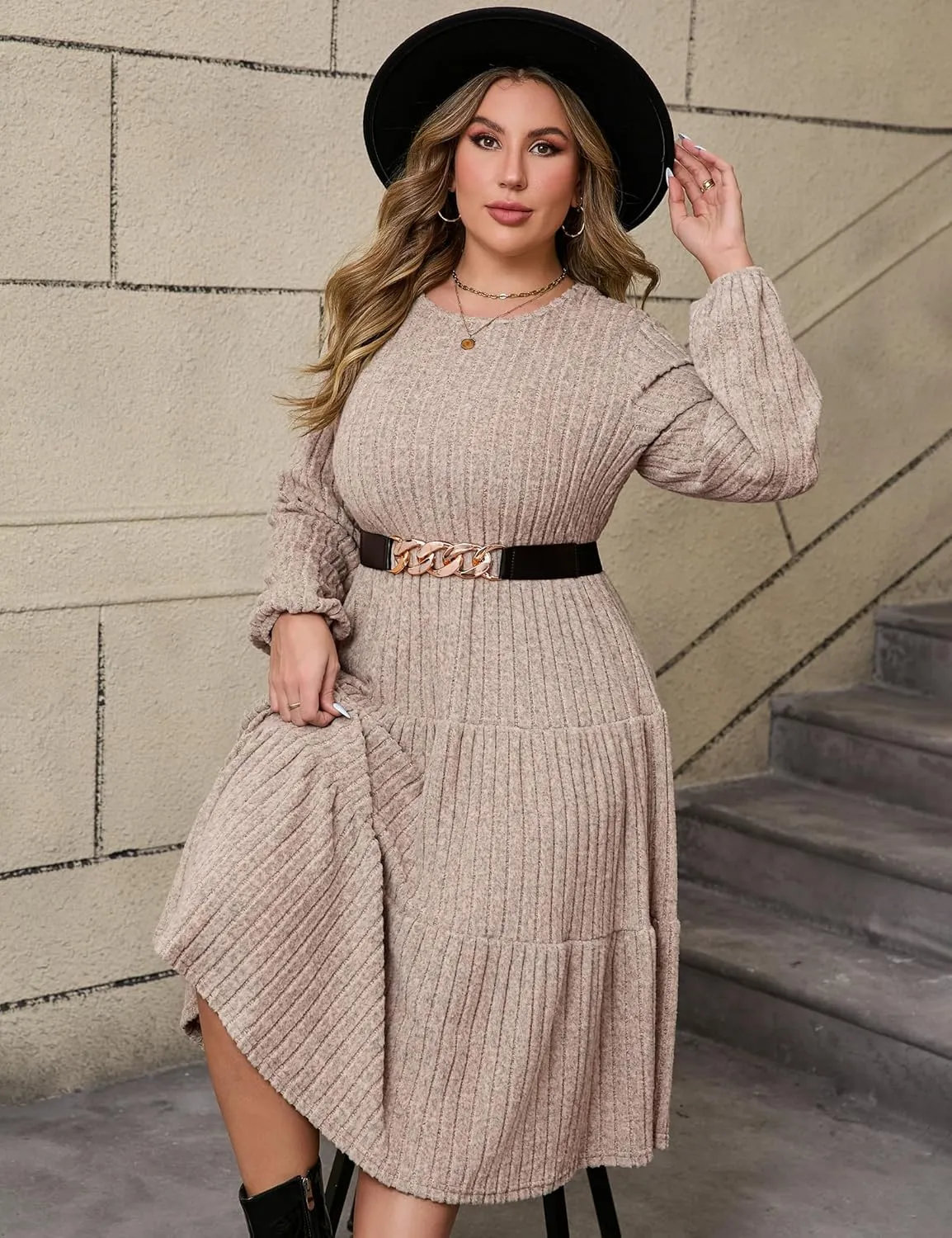 ShopWonder Women Plus Size Knit Sweater Dress Round Neck Long Sleeves Comfy Pullover Winter Midi Dress with Belt