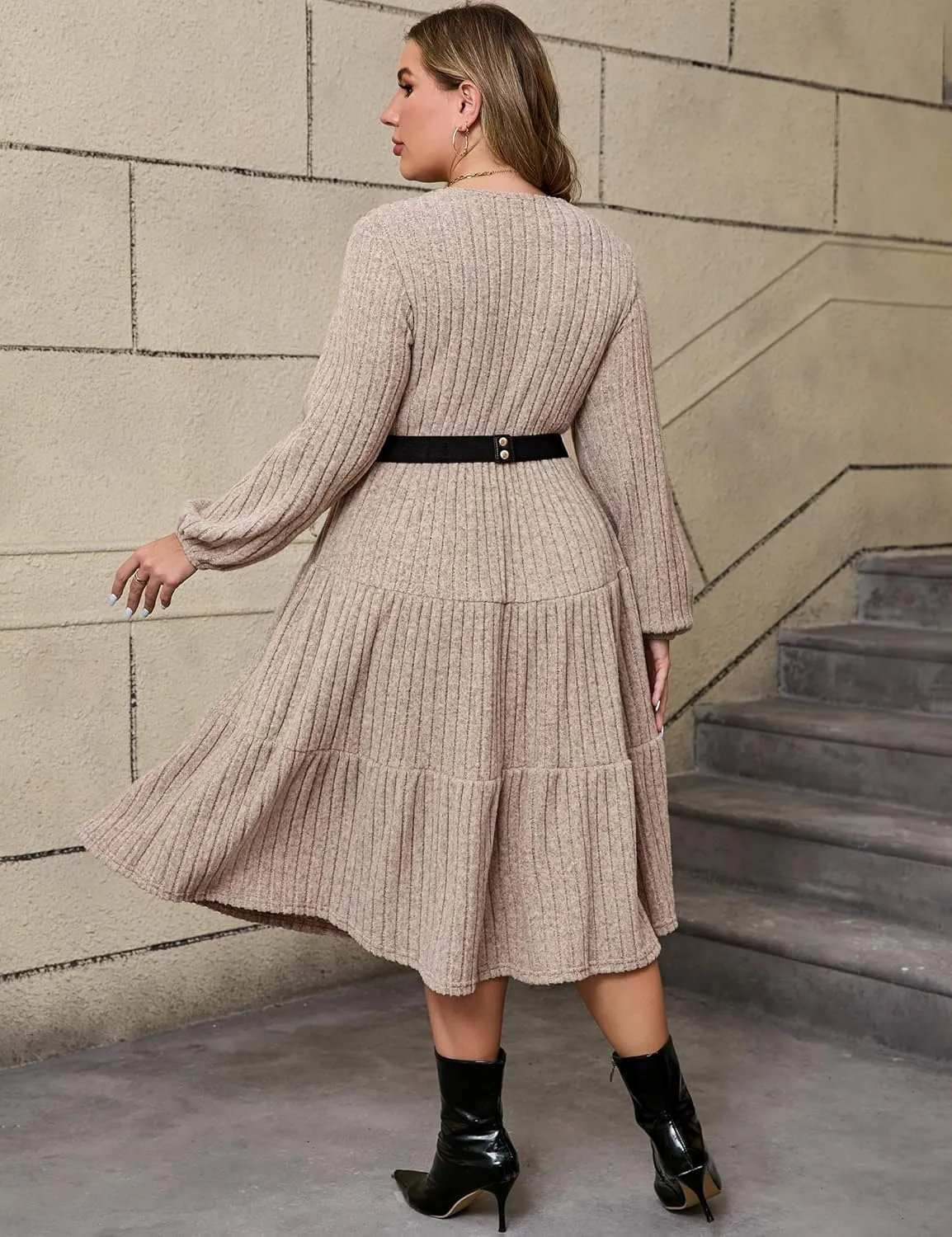 ShopWonder Women Plus Size Knit Sweater Dress Round Neck Long Sleeves Comfy Pullover Winter Midi Dress with Belt