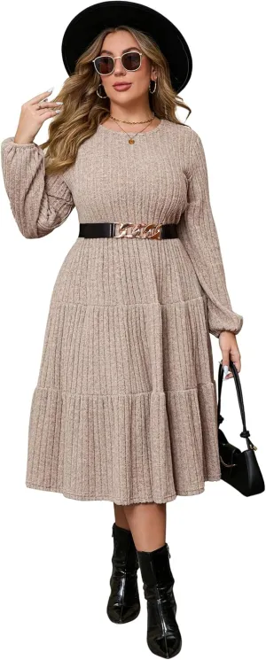 ShopWonder Women Plus Size Knit Sweater Dress Round Neck Long Sleeves Comfy Pullover Winter Midi Dress with Belt