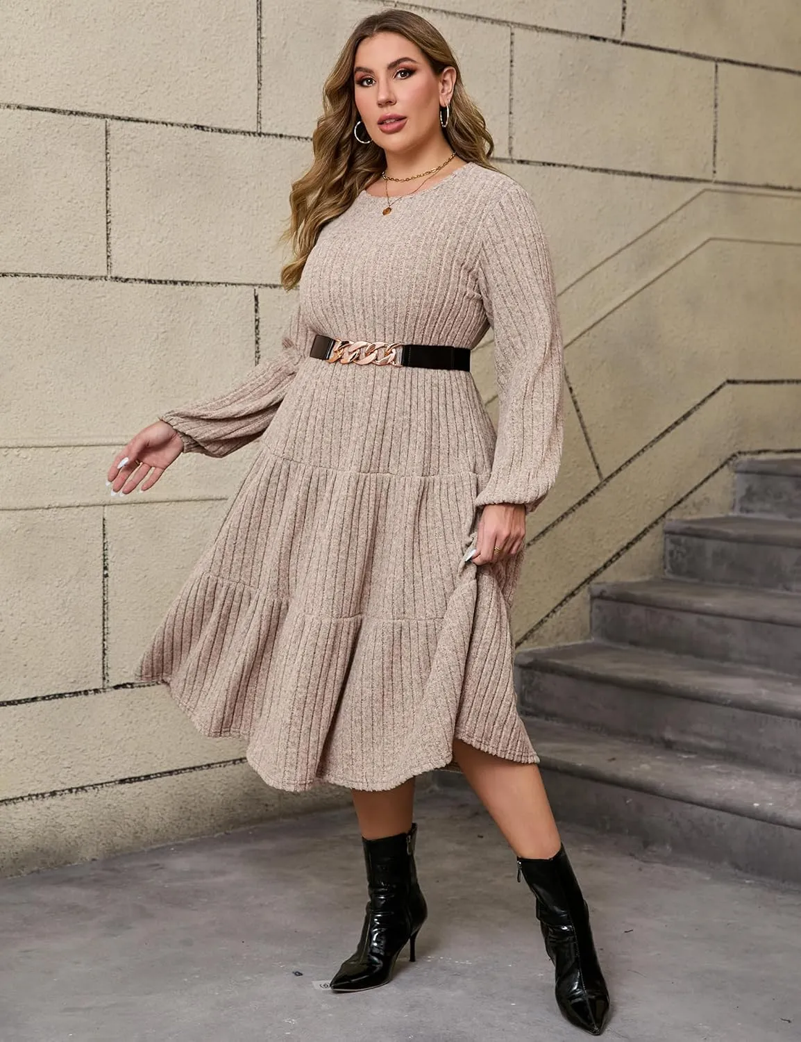 ShopWonder Women Plus Size Knit Sweater Dress Round Neck Long Sleeves Comfy Pullover Winter Midi Dress with Belt