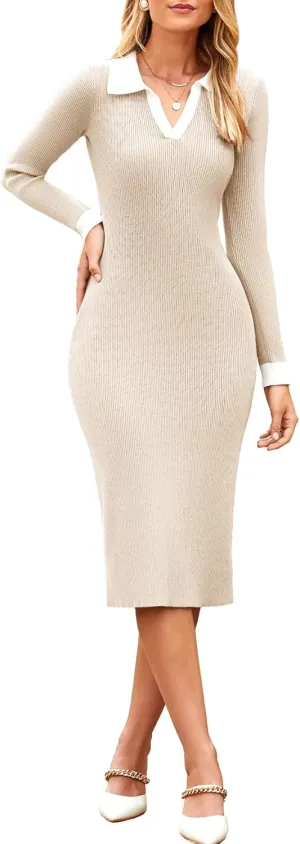 Simplee Womens Long Sleeve Sweater Midi Dress V Neck Casual Slim Fit Bodycon Knit Ribbed Slit Long Dress for Fall Winter