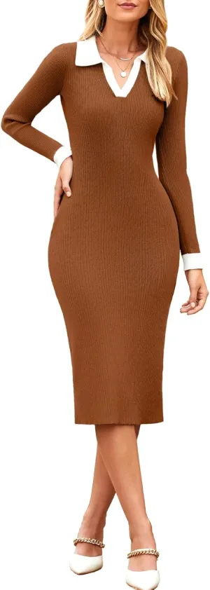 Simplee Womens Long Sleeve Sweater Midi Dress V Neck Casual Slim Fit Bodycon Knit Ribbed Slit Long Dress for Fall Winter