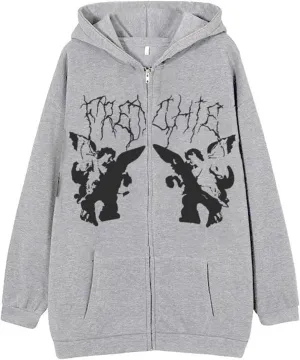 Skull Vintage Casual Oversized Sweatshirt Zip Up Jacket for Men Women, Harajuk Grunge Hoodie