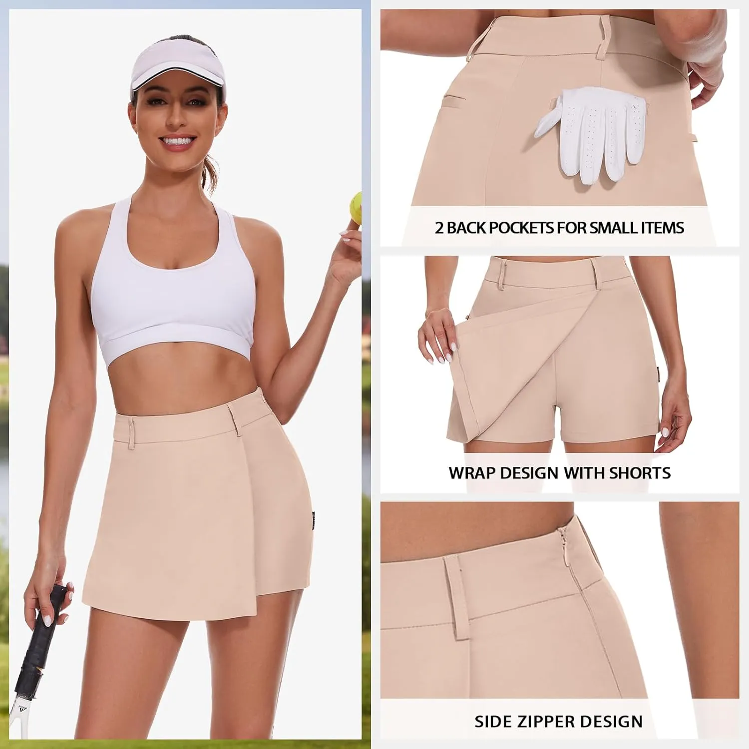 Soneven Women's Golf Skorts Skirts 15'' High Waisted Golf Shorts Athletic Tennis Skirt Built-in Shorts with Pockets