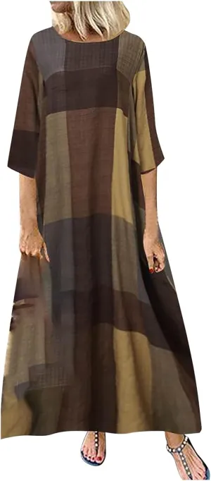 Spring Dresses for Women 2024 Casual 3/4 Sleeve Plus Size Maxi Dress A Line Shirt Flowy Swing Beach Vacation Long Sundress