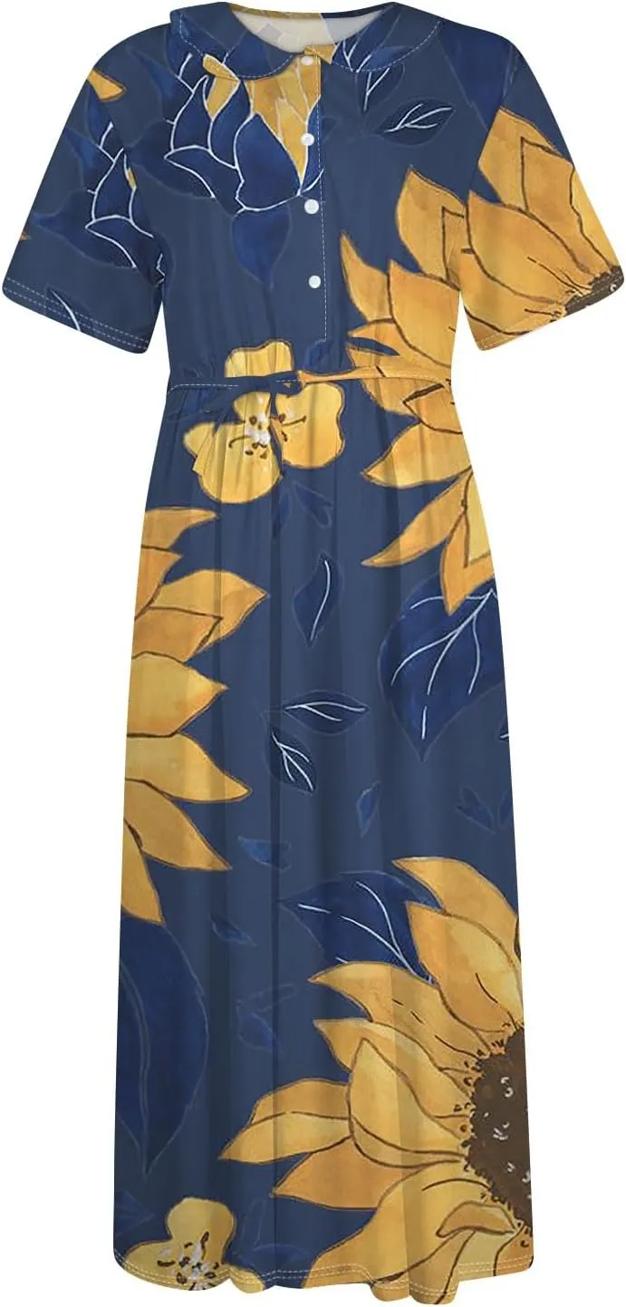 Spring Dresses for Women 2025 Maxi Dress Spring Summer Short Sleeve Tie Swing Swing