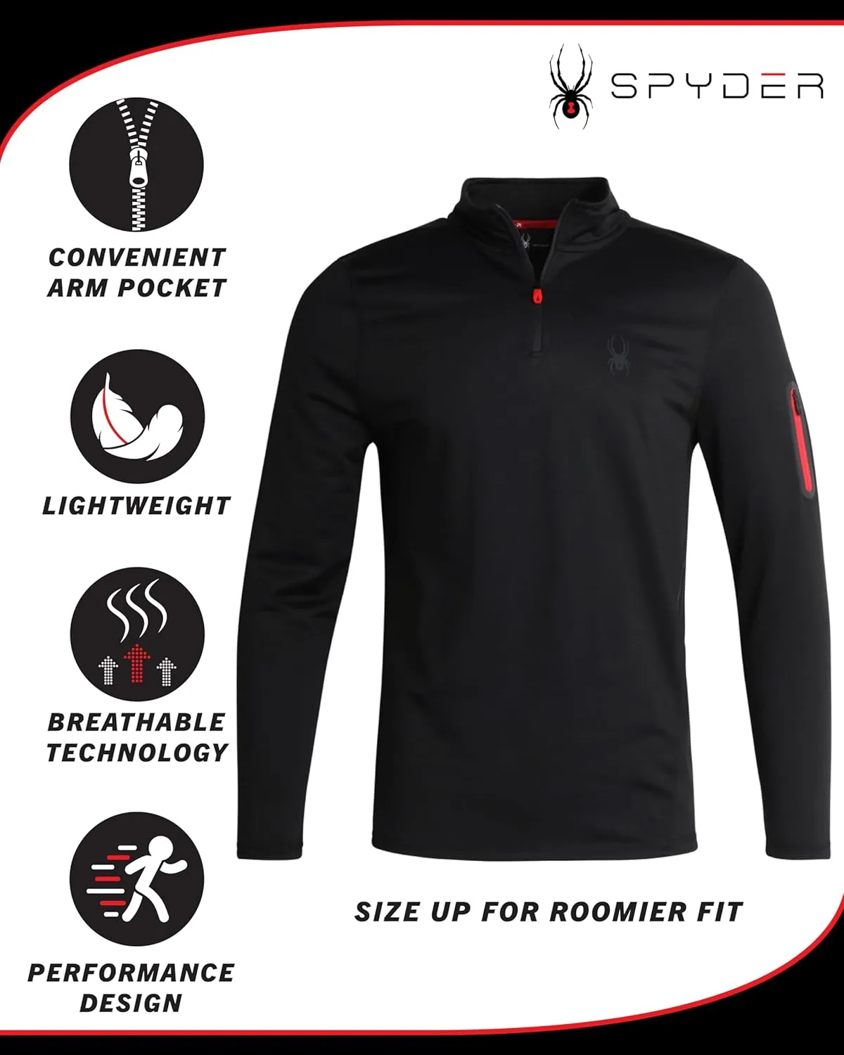 Spyder Men's Active Shirt - Quarter Zip Long Sleeve Performance Pullover - Lightweight Slim Fit Workout Shirt for Men (S-XL)