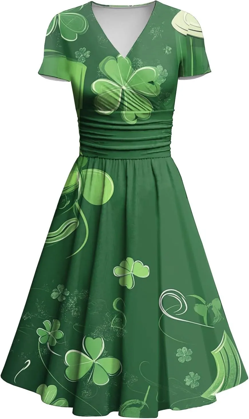 St Patricks Dress Women Dressy Short Sleeve Princess V Neck Pulled Ruffle Shamrock Print Waist Drawstring Sexy Dresses