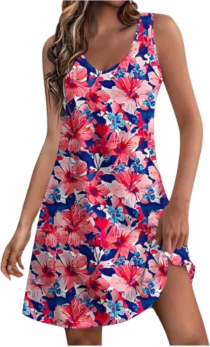 Stessotudo Sundress for Women Sleeveless Floral Print Midi Dress Boho Summer Dresses Flowy Beach Vacation Resort Wear