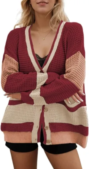 Sumleno Womens Vintage Color Block Cardigan Sweaters Y2k Long Sleeve Button Open Front Knit Baggy Fall Winter Clothes