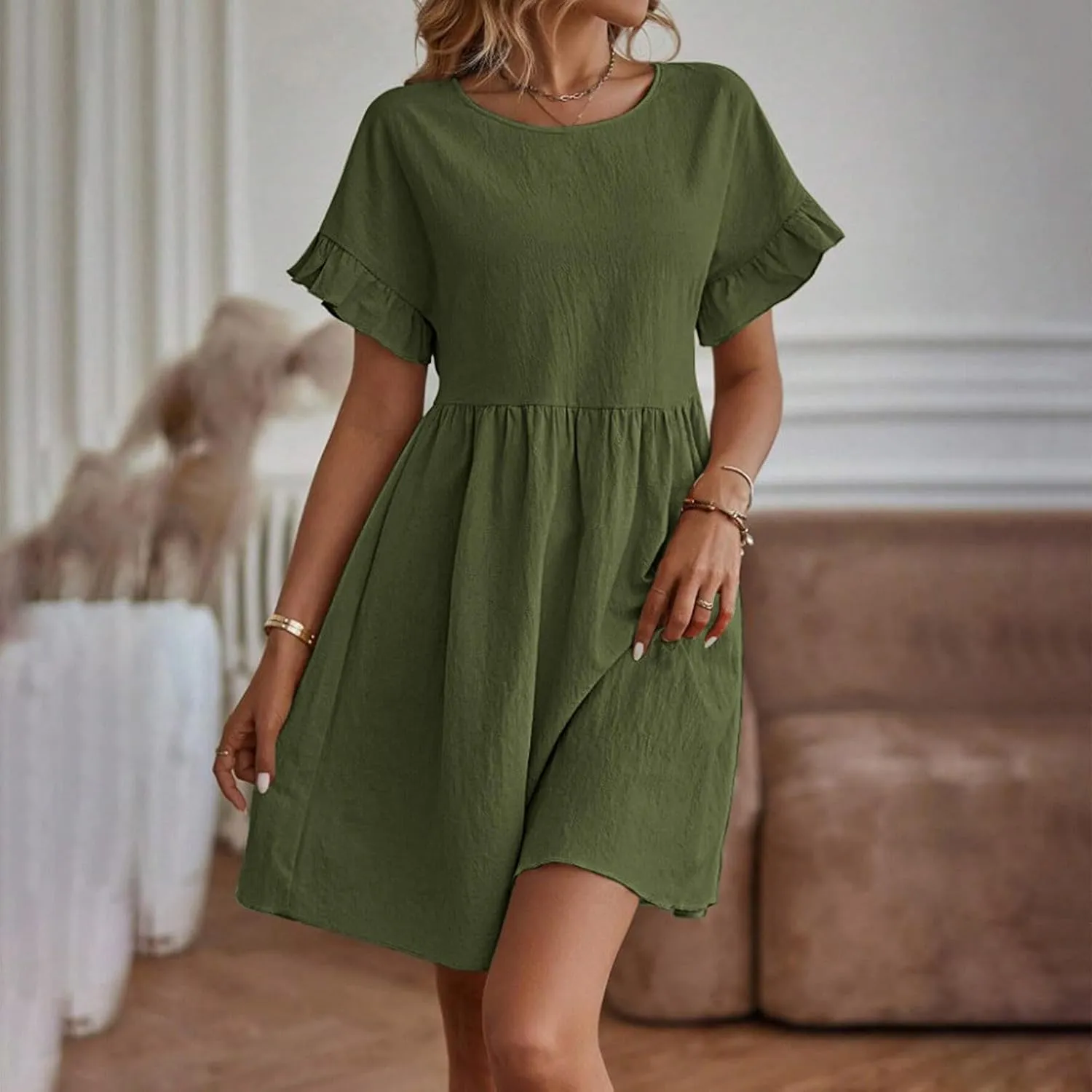 Summer Cotton Linen Dresses for Women Casual Ruffle Short Sleeve Round Neck High Waist A-Line Mini Dress