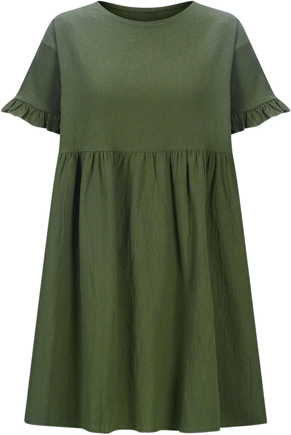 Summer Cotton Linen Dresses for Women Casual Ruffle Short Sleeve Round Neck High Waist A-Line Mini Dress
