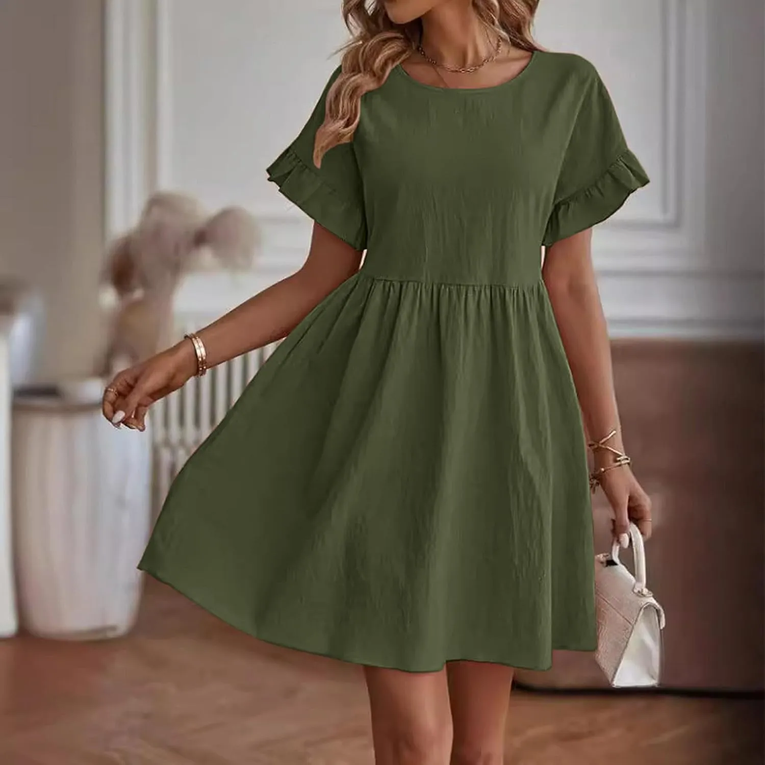 Summer Cotton Linen Dresses for Women Casual Ruffle Short Sleeve Round Neck High Waist A-Line Mini Dress
