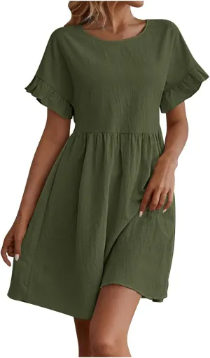 Summer Cotton Linen Dresses for Women Casual Ruffle Short Sleeve Round Neck High Waist A-Line Mini Dress