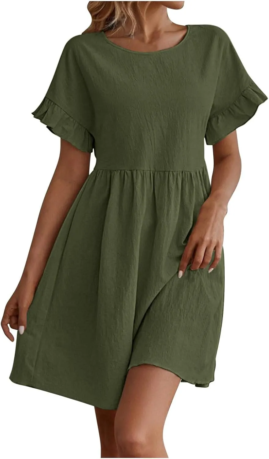 Summer Cotton Linen Dresses for Women Casual Ruffle Short Sleeve Round Neck High Waist A-Line Mini Dress