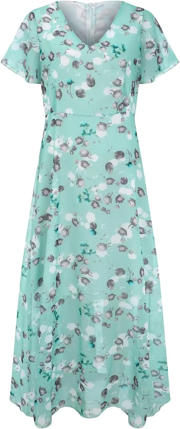 Summer Dresses for Women 2024 Spring Trendy Elegant Wrap V Neck Floral Boho Dress Flowy Ruched Hawaiian Beach Maxi