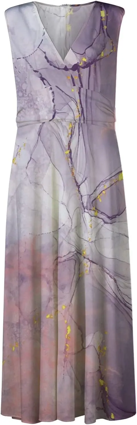Summer Dresses for Women 2024 Vintage Boho Floral Long Maxi Dress Wrap V Neck Sleeveless Flowy Swing Beach Vacation Sundress