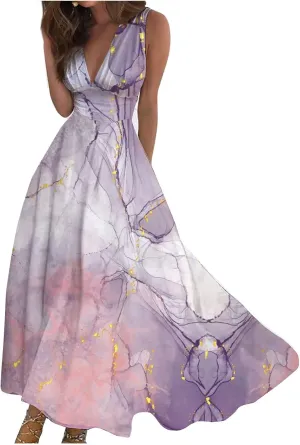 Summer Dresses for Women 2024 Vintage Boho Floral Long Maxi Dress Wrap V Neck Sleeveless Flowy Swing Beach Vacation Sundress