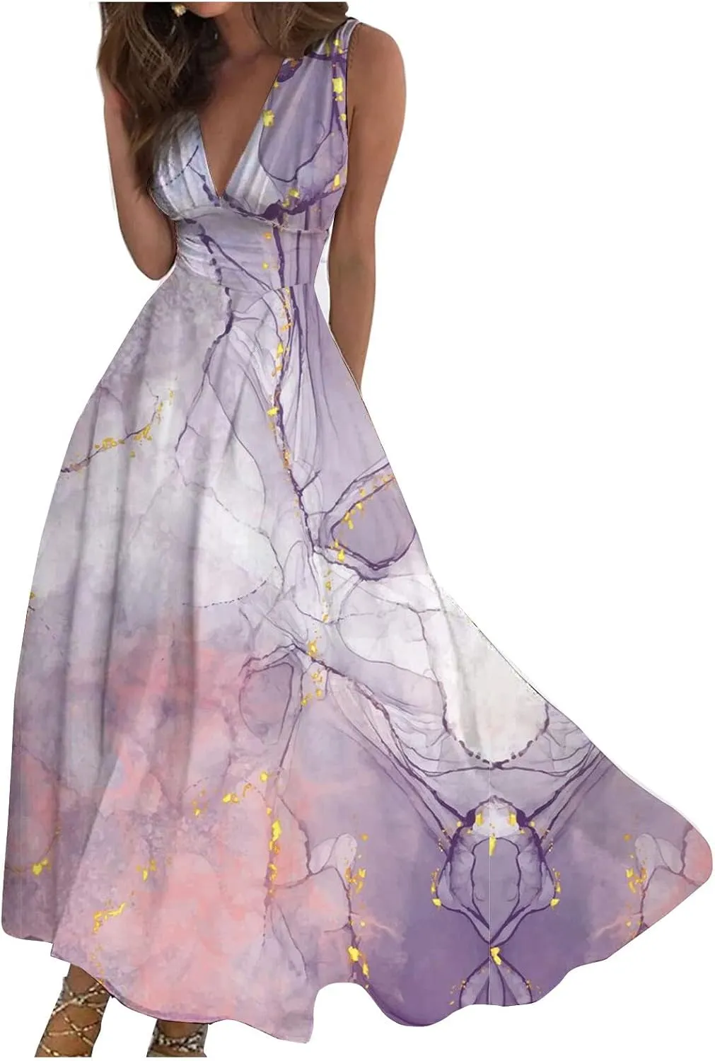 Summer Dresses for Women 2024 Vintage Boho Floral Long Maxi Dress Wrap V Neck Sleeveless Flowy Swing Beach Vacation Sundress