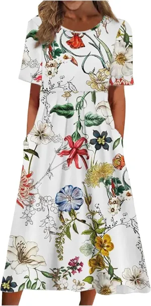 Summer Dresses for Women 2025 Beach Short Sleeve Loose Midi Dress with Pockets