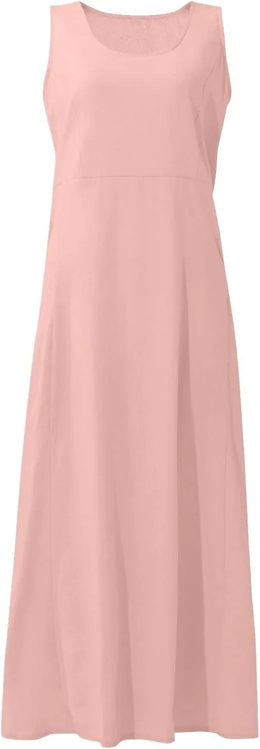 Summer Dresses for Women 2025 Casual Boho Sundress Crew Neck Sleeveless Beach Vacation Maxi Dresses with Pockets