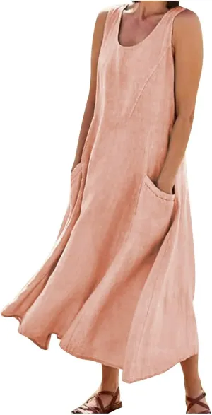 Summer Dresses for Women 2025 Casual Boho Sundress Crew Neck Sleeveless Beach Vacation Maxi Dresses with Pockets
