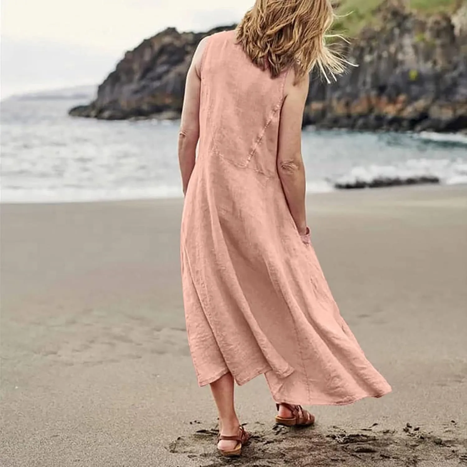 Summer Dresses for Women 2025 Casual Boho Sundress Crew Neck Sleeveless Beach Vacation Maxi Dresses with Pockets