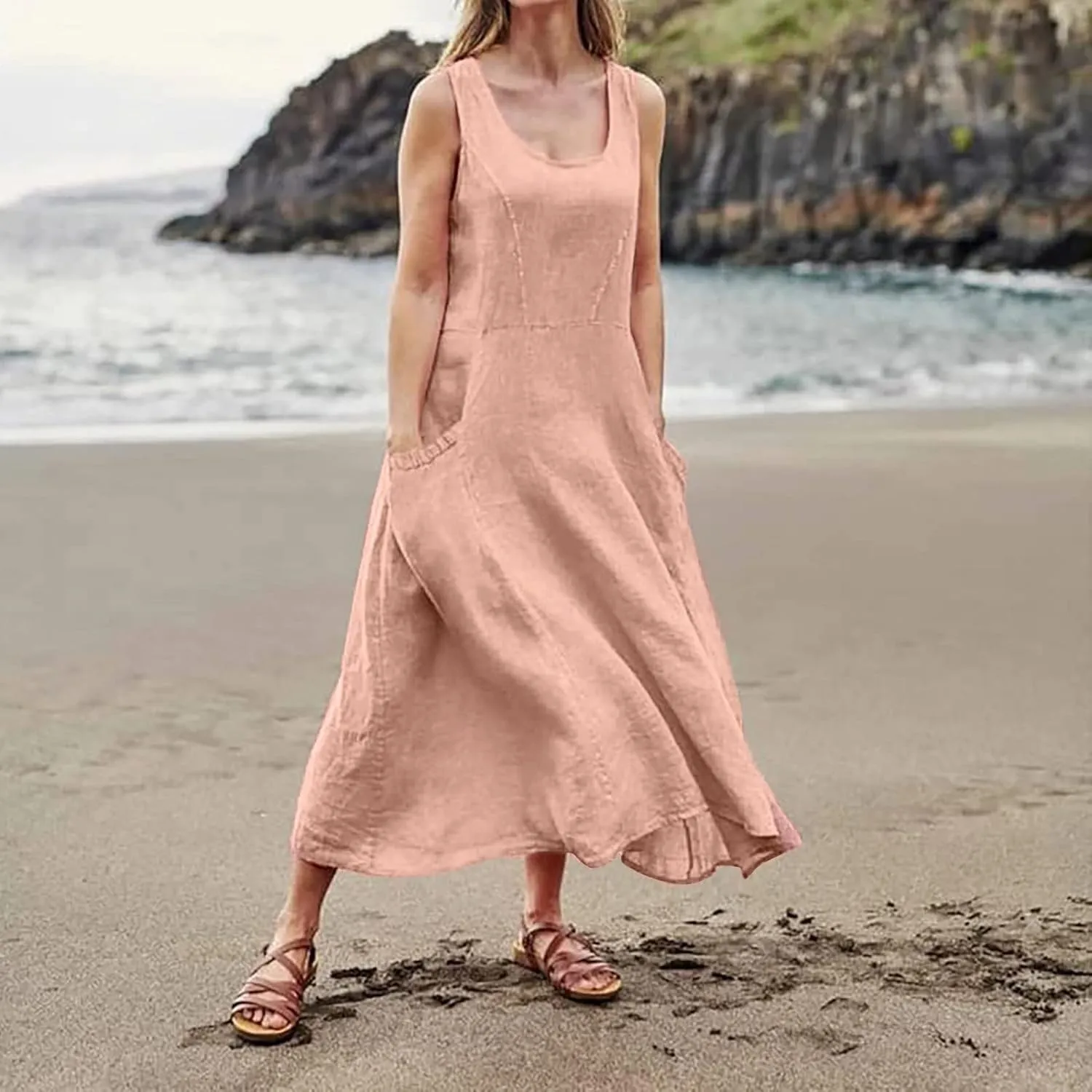 Summer Dresses for Women 2025 Casual Boho Sundress Crew Neck Sleeveless Beach Vacation Maxi Dresses with Pockets