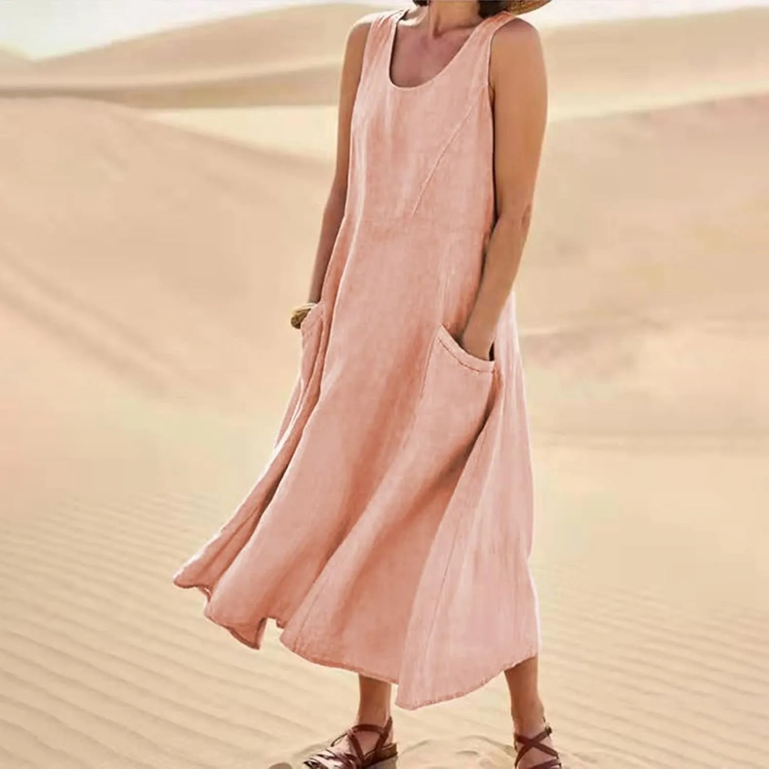 Summer Dresses for Women 2025 Casual Boho Sundress Crew Neck Sleeveless Beach Vacation Maxi Dresses with Pockets