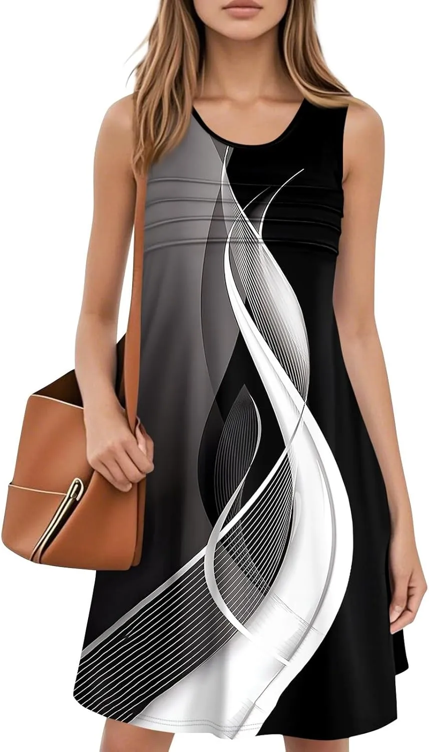 Summer Dresses for Women 2025 Casual Floral Pleated Front Tank Dress O Neck Loose T Shirt Dresses Sleeveless Sundresses