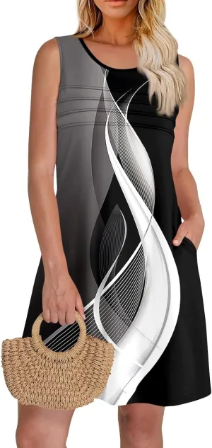 Summer Dresses for Women 2025 Casual Floral Pleated Front Tank Dress O Neck Loose T Shirt Dresses Sleeveless Sundresses