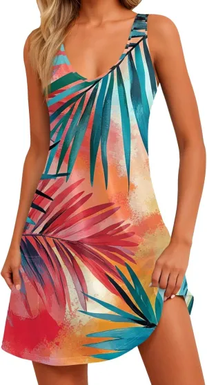 Summer Dresses for Women 2025 Casual Loose T Shirt Dresses V Neck Boho Beach Tank Dress Sleeveless Floral Sundresses