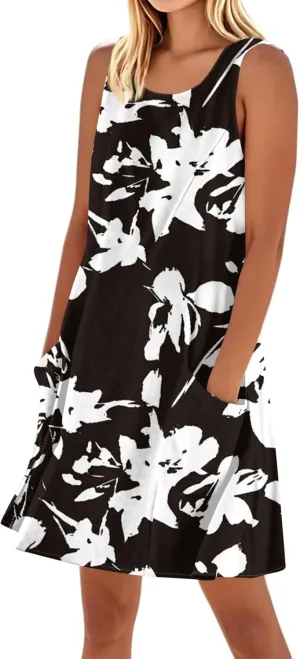 Summer Dresses for Women 2025 Casual Print Bohemian Dress Boat Neck Tank Beach Hawaiian Sundress with Pockets