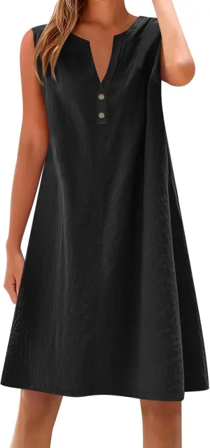 Summer Dresses for Women 2025 Cotton Linen Dress Tshirt Casual Hawaiian Sleeveless Button V-Neck Midi Boho Sundress