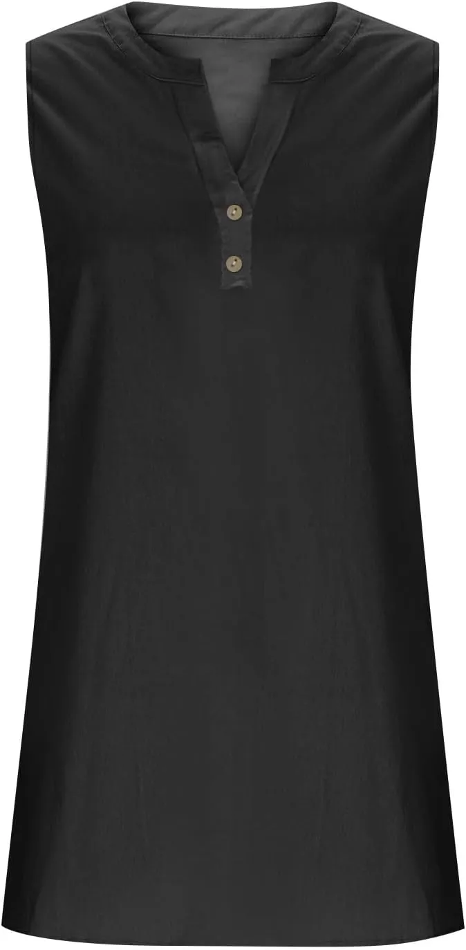 Summer Dresses for Women 2025 Cotton Linen Dress Tshirt Casual Hawaiian Sleeveless Button V-Neck Midi Boho Sundress