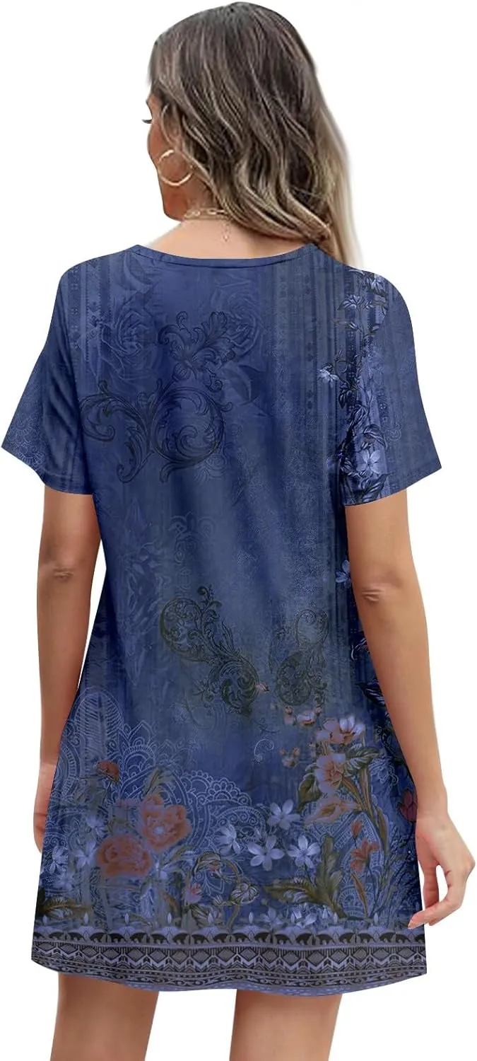 Summer Dresses for Women 2025 Crew Neck Floral Short Sleeve Dress Casual T Shirt Dresses Pleated Front Beach Dress