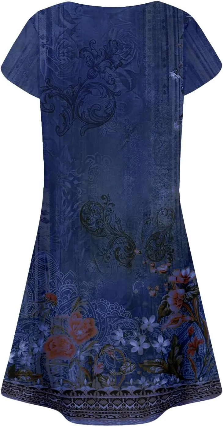 Summer Dresses for Women 2025 Crew Neck Floral Short Sleeve Dress Casual T Shirt Dresses Pleated Front Beach Dress