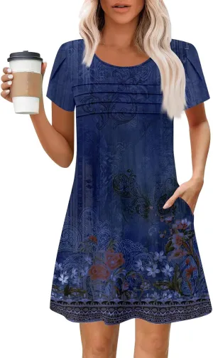 Summer Dresses for Women 2025 Crew Neck Floral Short Sleeve Dress Casual T Shirt Dresses Pleated Front Beach Dress