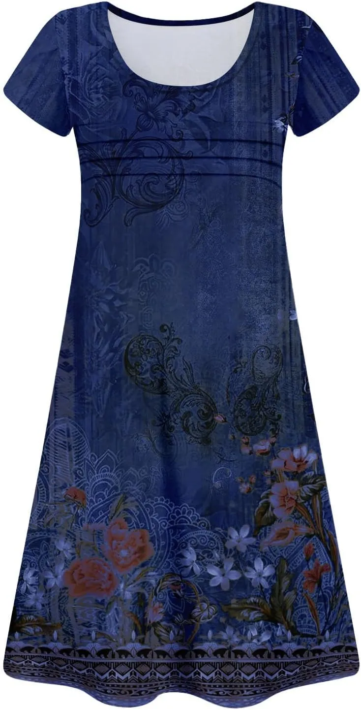 Summer Dresses for Women 2025 Crew Neck Floral Short Sleeve Dress Casual T Shirt Dresses Pleated Front Beach Dress