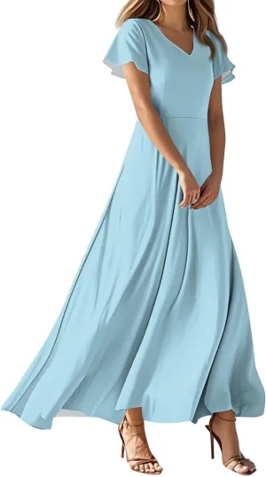 Summer Dresses for Women 2025 Elegant Classy Flowy Ruffle Swing V Neck Church Dress Casual Vacation Long Sundresses