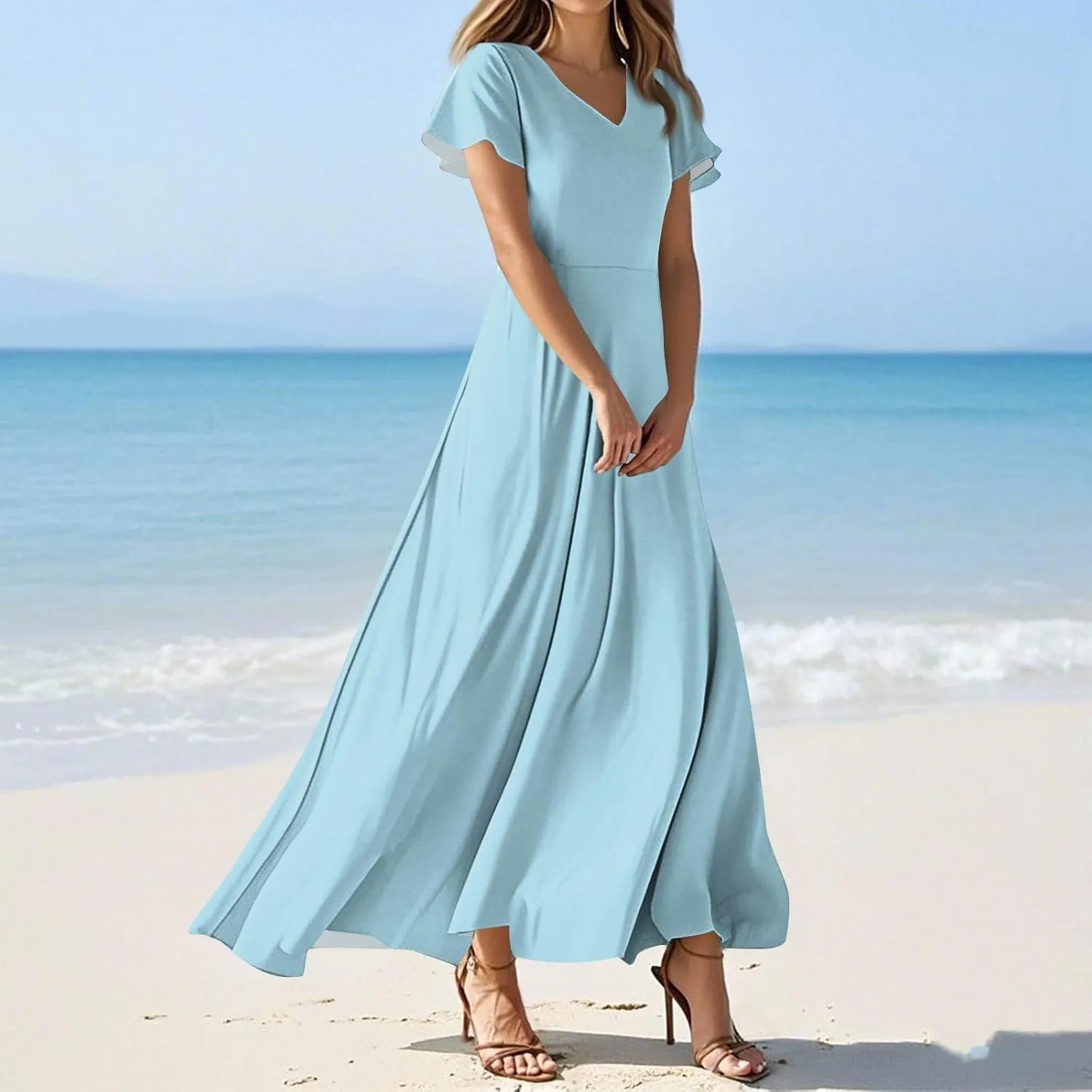 Summer Dresses for Women 2025 Elegant Classy Flowy Ruffle Swing V Neck Church Dress Casual Vacation Long Sundresses