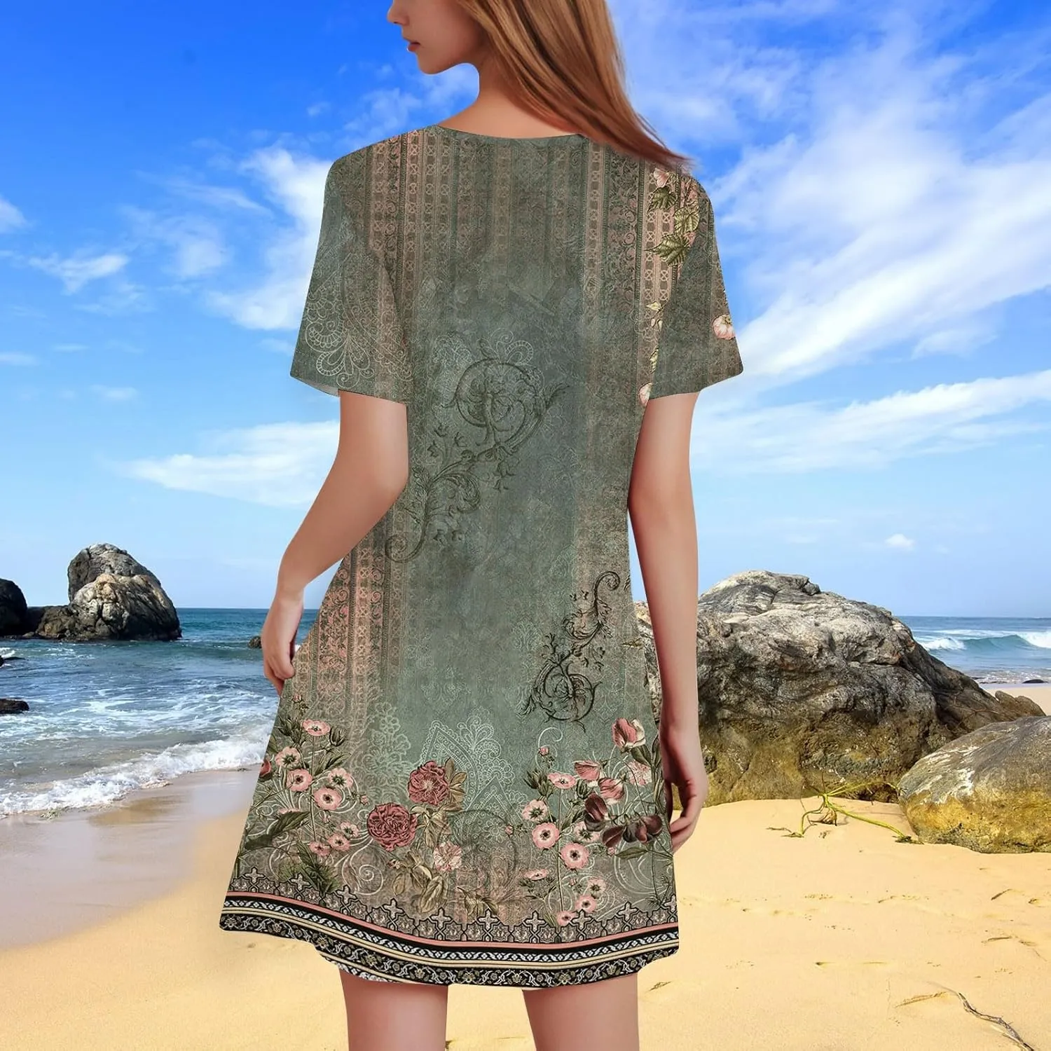 Summer Dresses for Women 2025 Floral A-Line Dresses Casual Flowy Beach Mini Dress Short Sleeve Loose T Shirt Dress