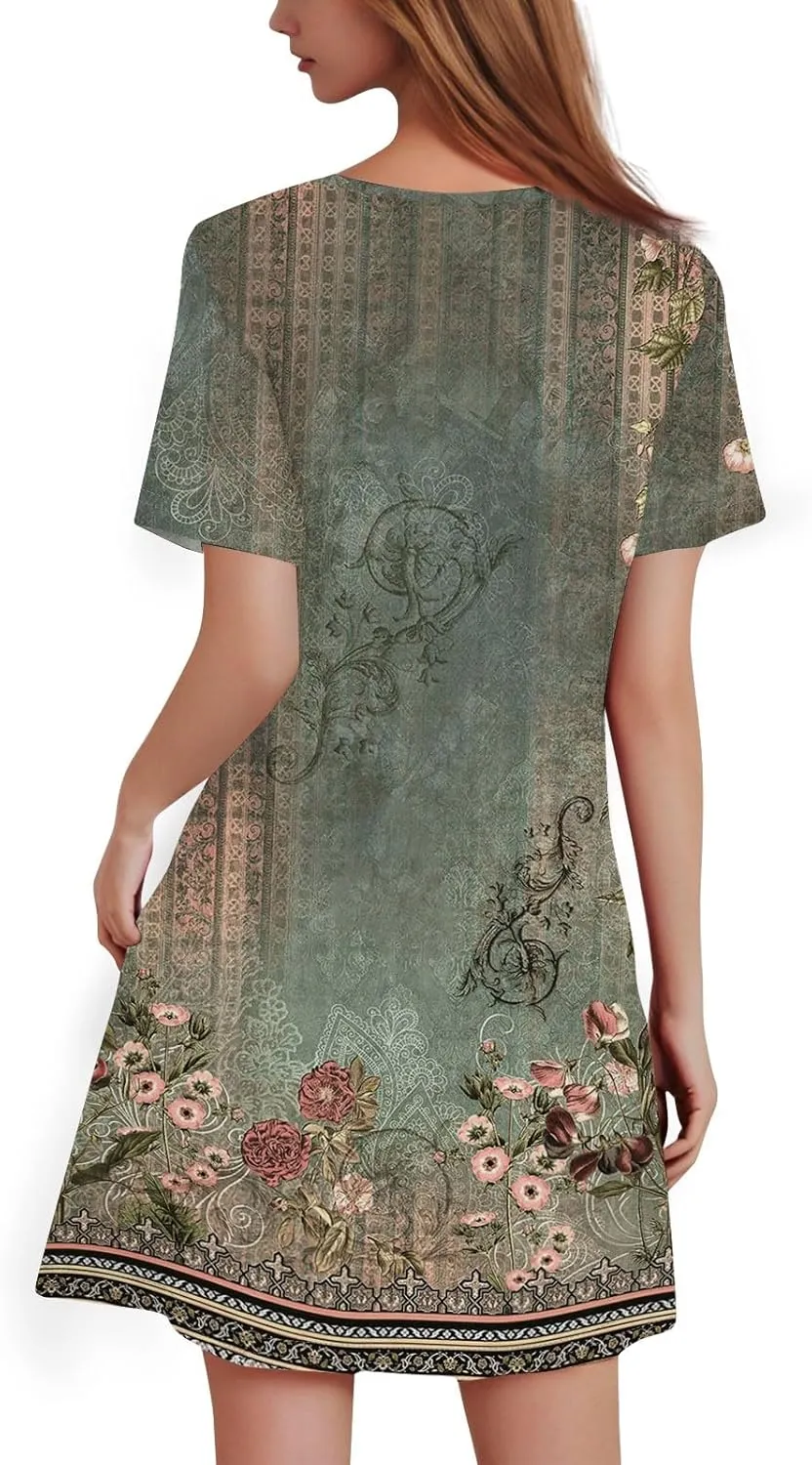 Summer Dresses for Women 2025 Floral A-Line Dresses Casual Flowy Beach Mini Dress Short Sleeve Loose T Shirt Dress