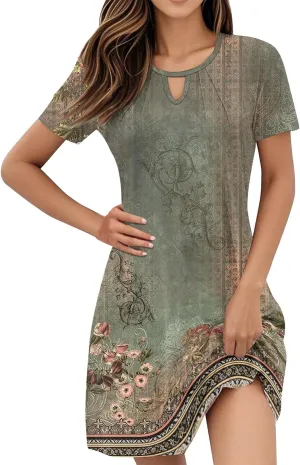 Summer Dresses for Women 2025 Floral A-Line Dresses Casual Flowy Beach Mini Dress Short Sleeve Loose T Shirt Dress