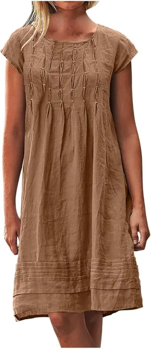 Summer Dresses for Women 2025 Round Neck Short Sleeve Pleated Dress Beach Vacation Sundress Fashion Casual Mini Dress
