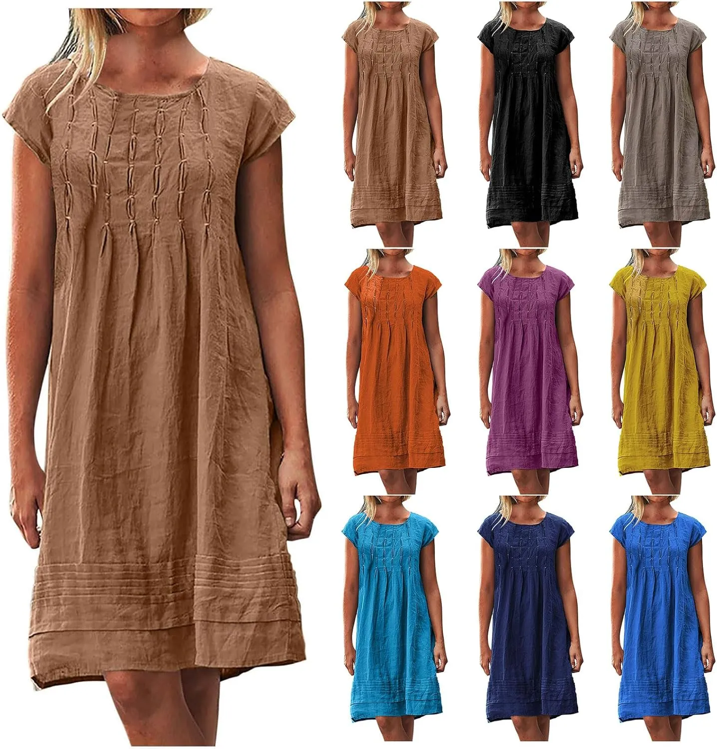 Summer Dresses for Women 2025 Round Neck Short Sleeve Pleated Dress Beach Vacation Sundress Fashion Casual Mini Dress