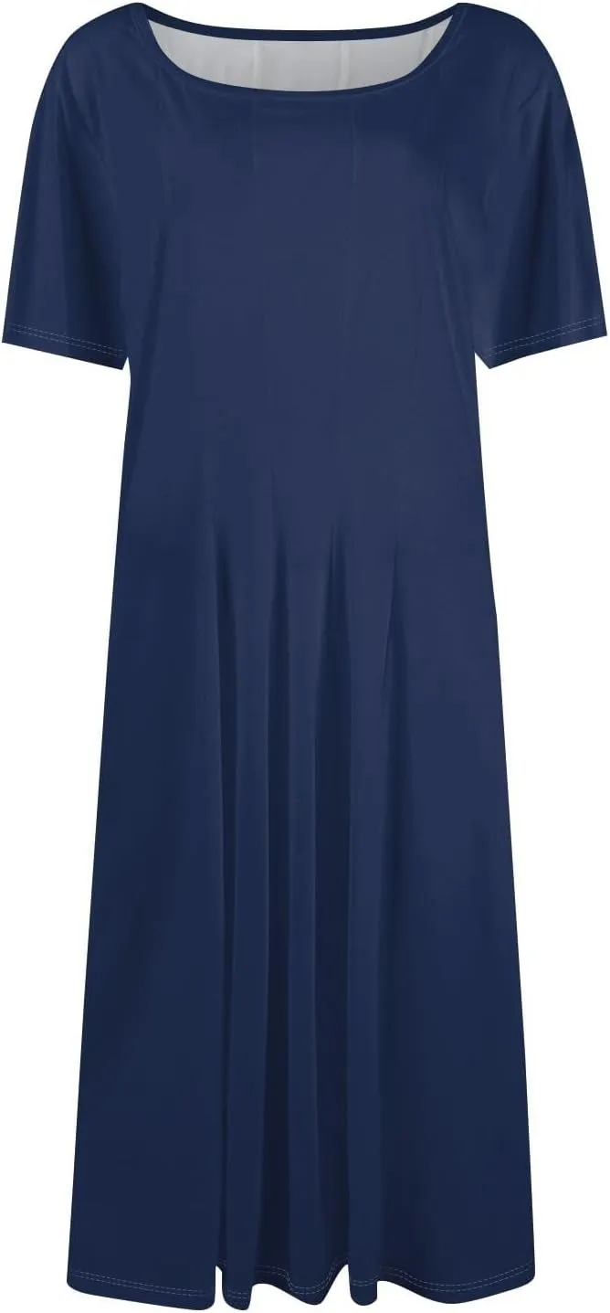 Summer Dresses for Women 2025,Trendy Elegant Floral Short Sleeve Maxi Dress,Casual Round Neck Ruffle Hem Dresses with Pockets