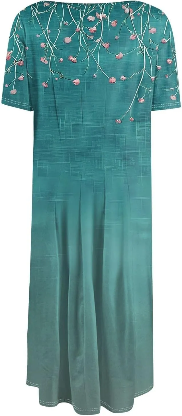 Summer Dresses for Women 2025,Trendy Elegant Floral Short Sleeve Maxi Dress,Casual Round Neck Ruffle Hem Dresses with Pockets